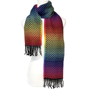 Merona Rainbow Checkered Rectangular Scarf Black Fringe 11.5 x 63 inches